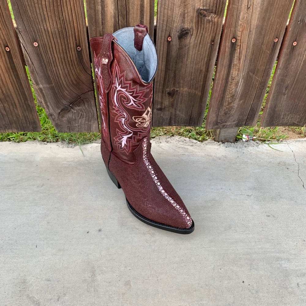 Men’s Western Cowboy Stingray Print Leather Boots Wine Color FREE SHIPPING